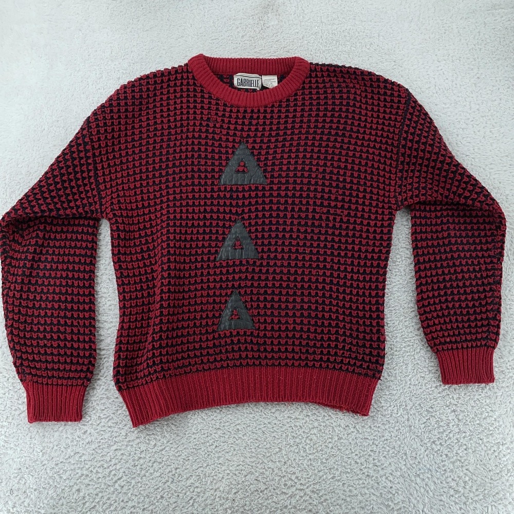 Vintage Gabrielle Sweater Womens Medium Red Black Chunky Knit Leather Trim 90s‎